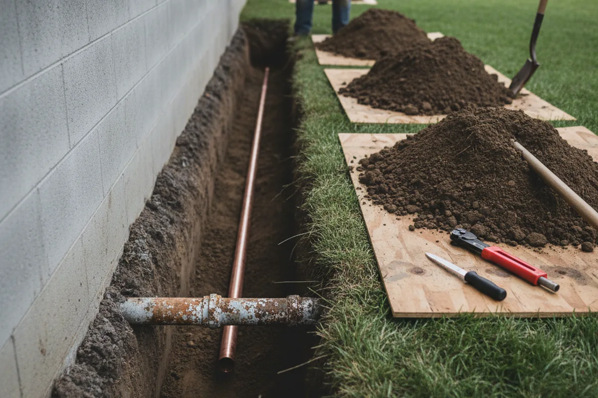 Excavated water line trench during Sewer Line Repair in Lynn